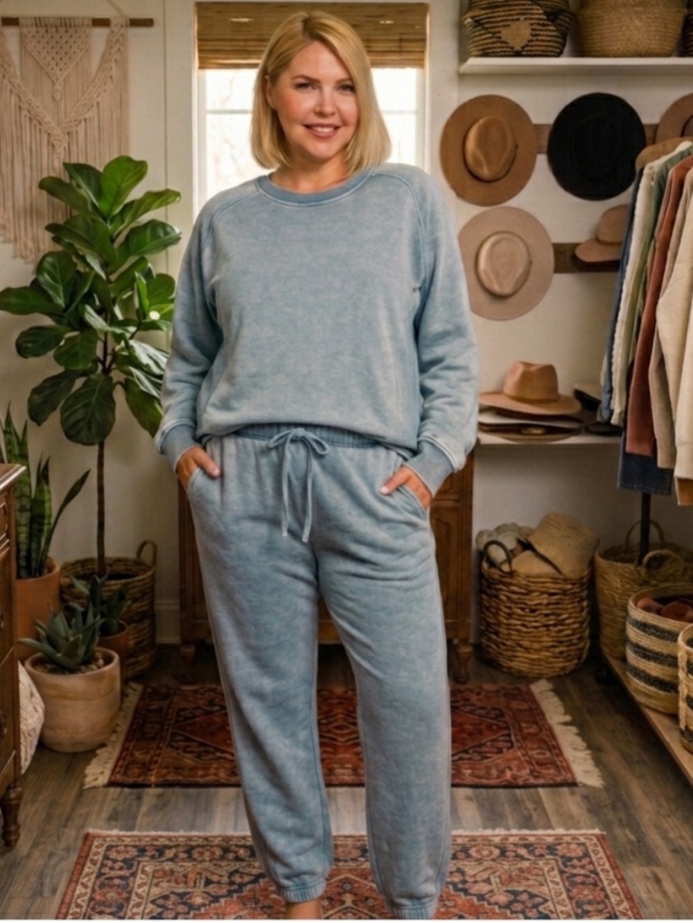🍒💕Cozy Washed 2-piece Blue Lounge Set